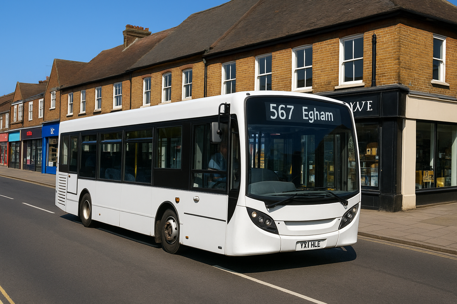 567 White Bus Service running through Egham's High Street on a bright sunny day